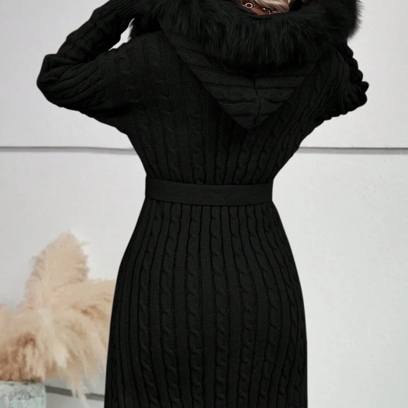 Black Casual Women's Fluffy Knot Detail Long Sleeve Cardigan - Picture 3 of 6